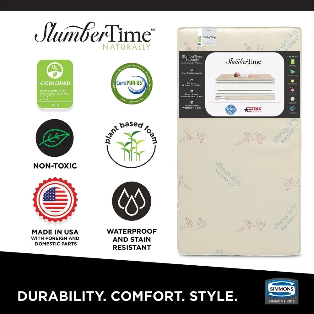 Dual Sided Crib Toddler Mattress Firm Soy Foam Core Natural Cotton Cover GREENGUARD Gold Certified Waterproof Baby Sleep