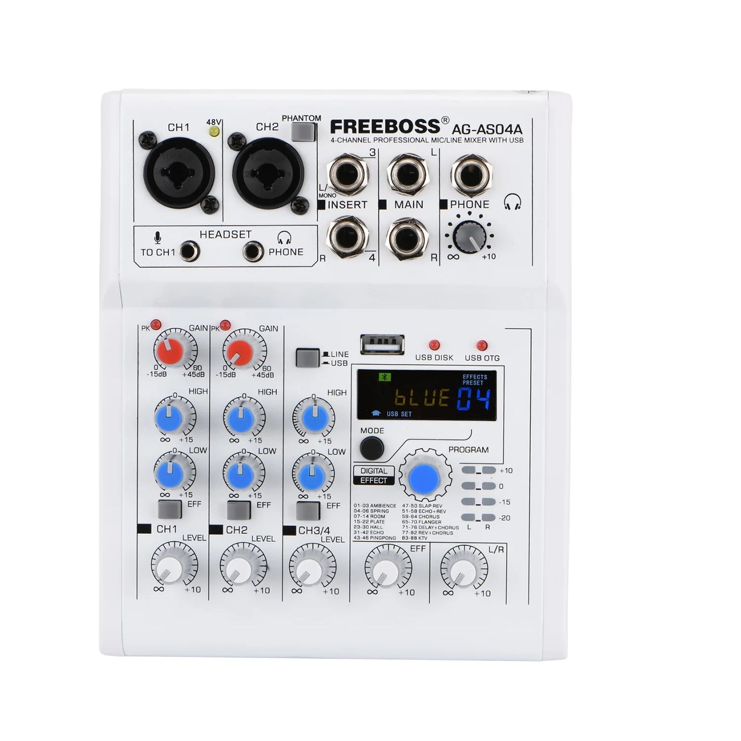 Freeboss Mixing Console Mobile Broadcast 4 Channel Bluetooth PC USB 88 DSP Digital Effect White Sound Audio Mixer AG-AS04A