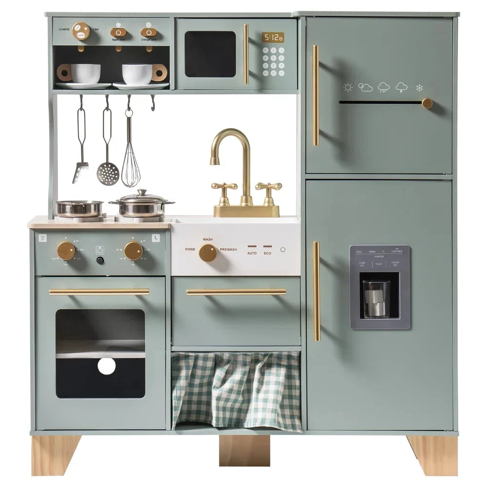 Robotime Robud Play Kitchen Preschool Wooden Kitchen Pretend Set Bean Green Kitchen Gift for Girls Boys Age 3+