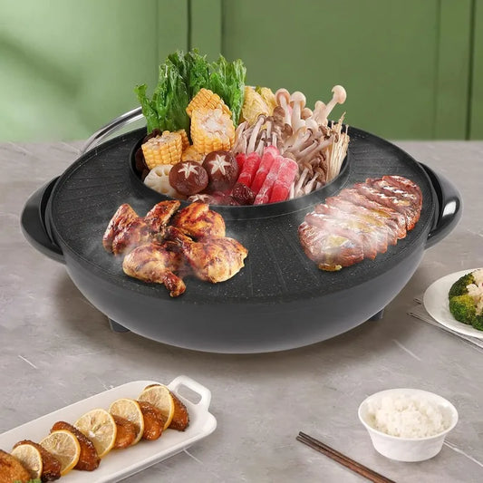2 in 1 Electric Hot Pot and Grill, Shabu Pot with Divider,Portable Smokeless Grill, Circular Hotpot with Lid, for 3-5 People