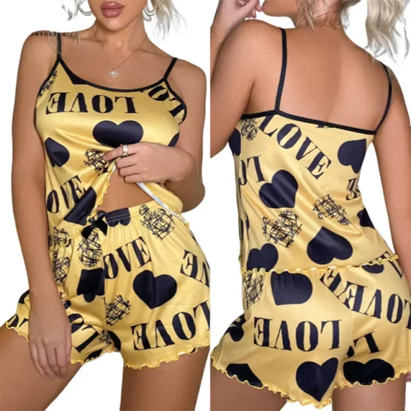 Sexy Love Heart Print Satin Pajama Set Womens Spaghetti Strap Cami Top Ruffle Shorts Two Piece Sleepwear Loungewear Set