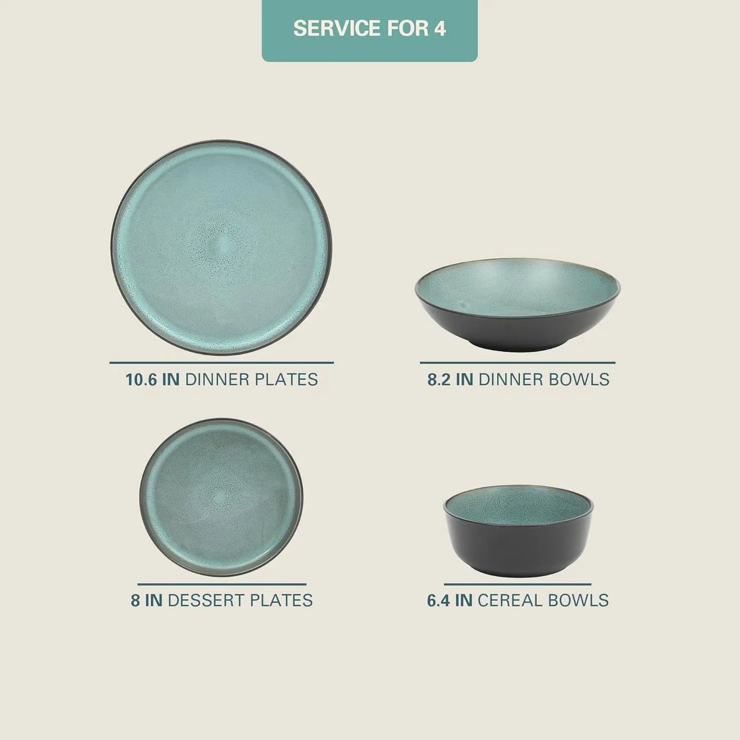 Tribeca Loft 16-Piece Dinnerware Set - Matte Black and Green Reactive Glaze Stoneware, Double Bowl Round Plates and Bowls - Mode