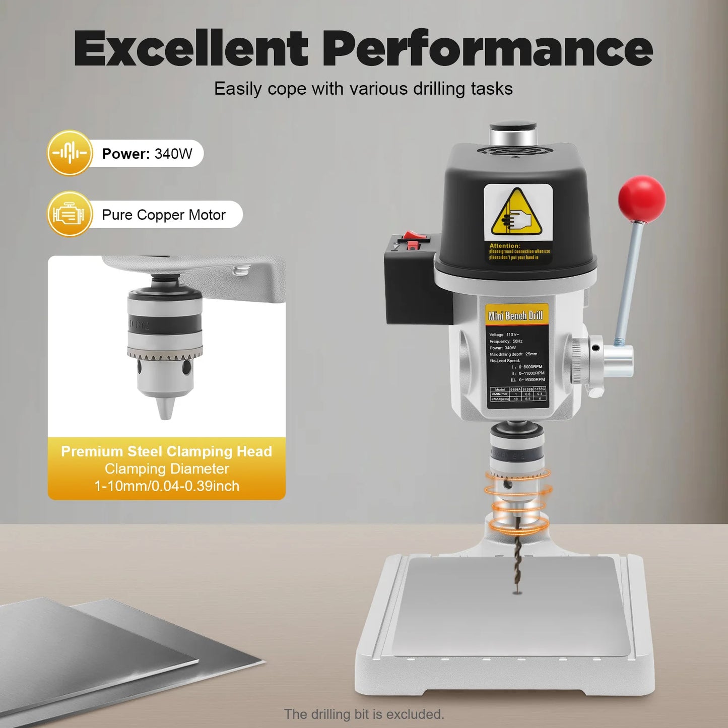 340W Mini Bench Drill Press, 0-16000RPM 3-Speed, Precision Depth Gauge for Wood Metal DIY Craft Model Making