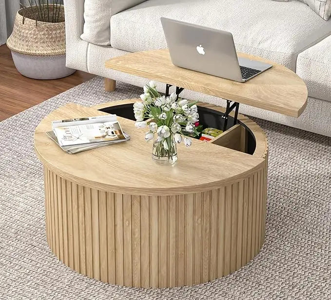 Round Fluted Lift Top Coffee Table with Storage 34.6 Inch Farmhouse Round Coffee Table for Living Room Circle Wood Accent Center