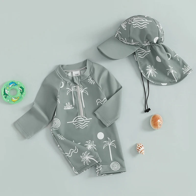 Child s Rash Guard Swimsuit Set with Tropical Palm Tree Print Long Sleeve Mock Neck Zip Bathing Suit and Matching Hat 2 Pieces
