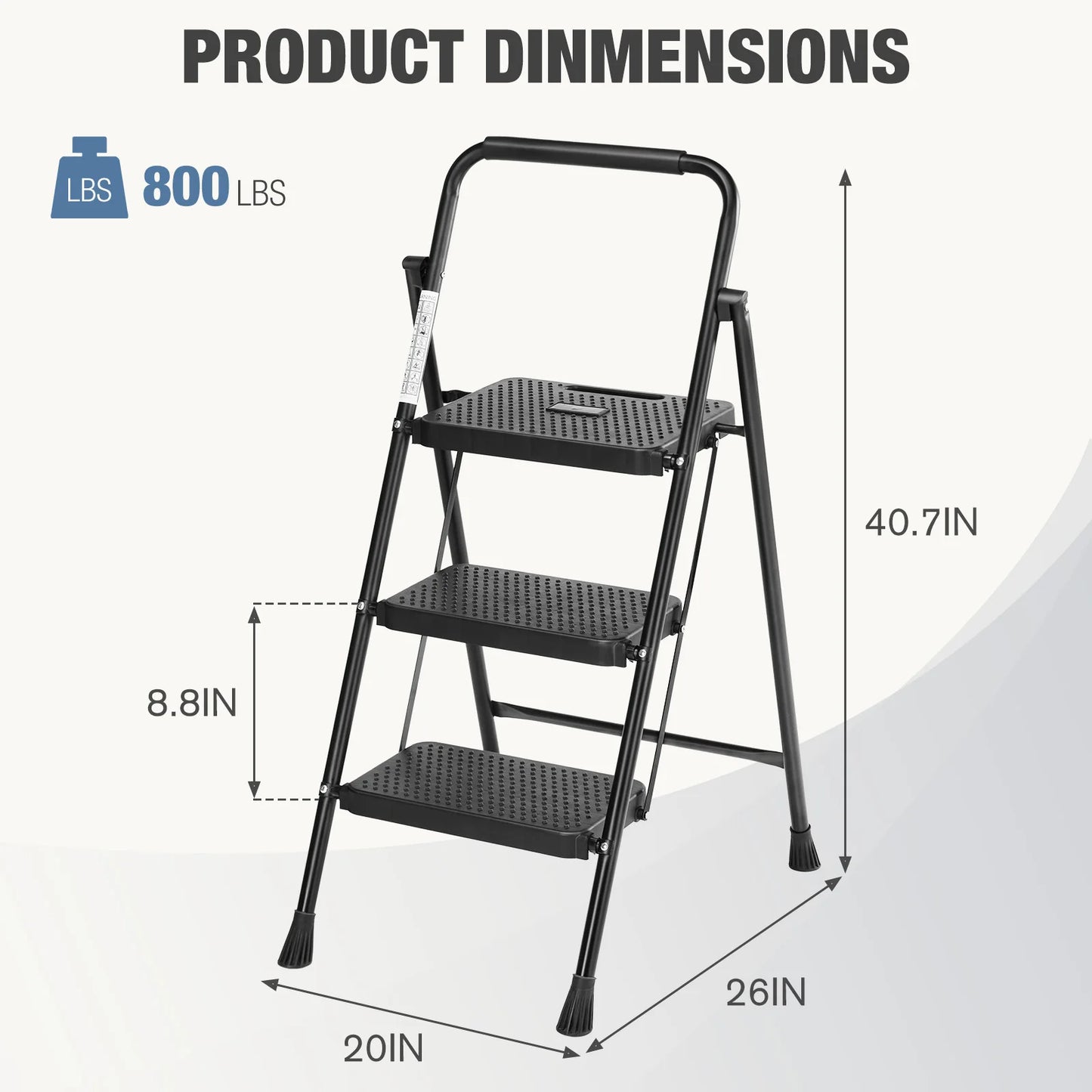 JHK Folding 2/3 Step Ladder Stool with Anti-Slip Pedal 800lbs Capacity Sturdy Steel Portable Cushioned Handle for Kitchen Home