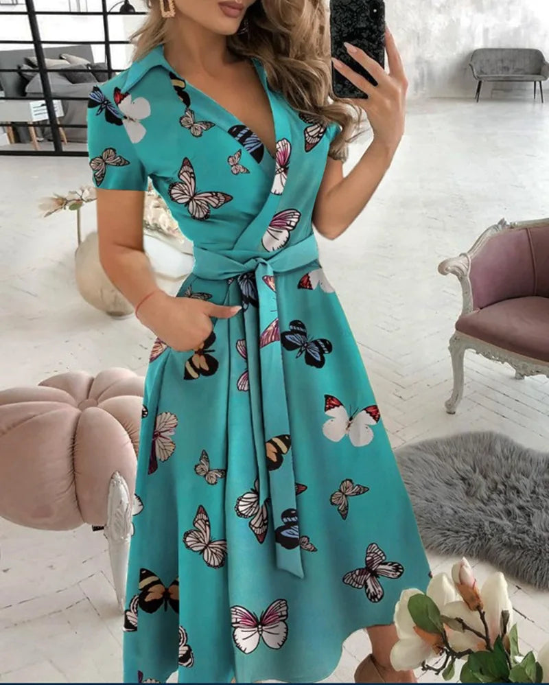 Rainbow Striped Print Summer Dress 2025 Women Button Up Short Sleeve Casual Vintage Shirt Long Dress Ladies Elegant Maxi Dresses
