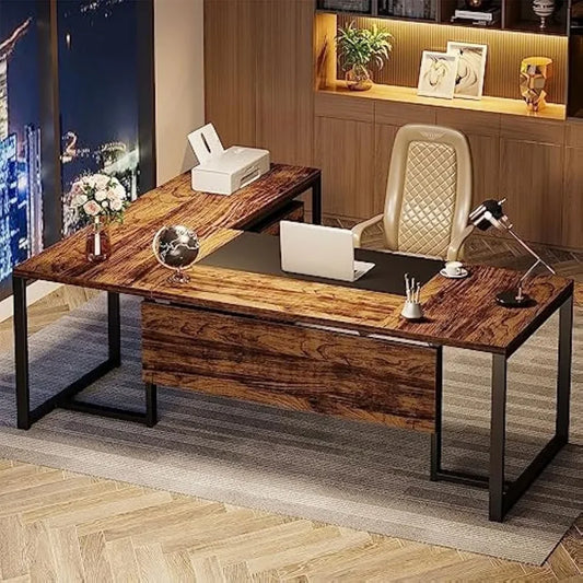 "70” Executive Desk with File Cabinet – Large L-Shaped Design with Storage & Drawer Cabinets – Computer Office Workstation"
