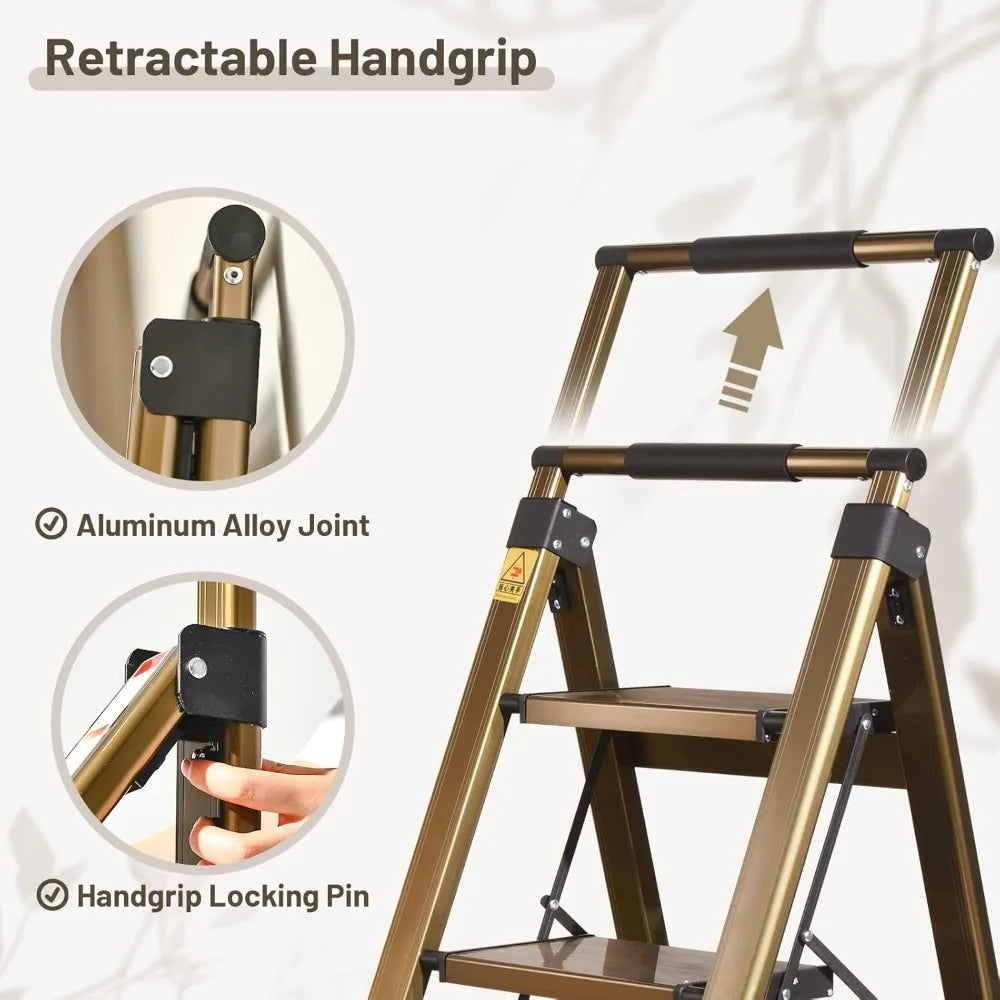 5 step ladder, aluminum 5 step stool with retractable handrail and anti-slip wide pedal, folding stool ladders 5 steps, 330lbs