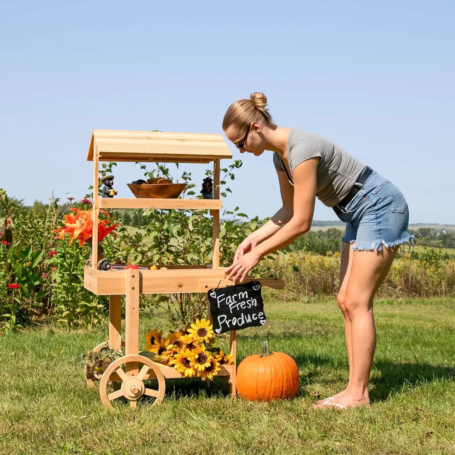 30 lb Weight Capacity Natural Fir Country Market Flower Cart Display Stand with Wheels  2 Shelve Fir Wood