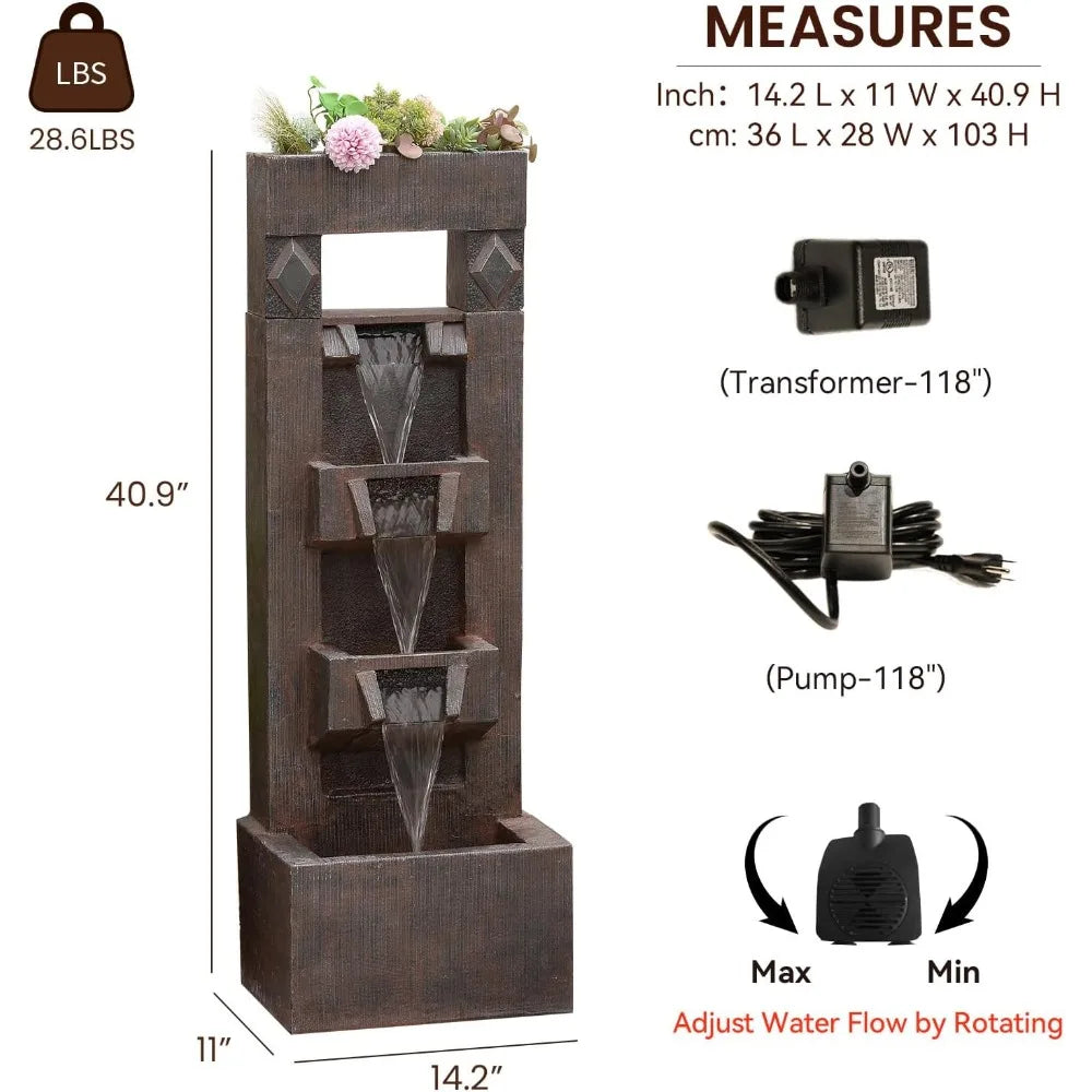 40.9 H 4-Tier Indoor/Outdoor Modern Water Fountain with Led Lights and Pump, Outdoor Freestanding Cascading Waterfall - Suitable