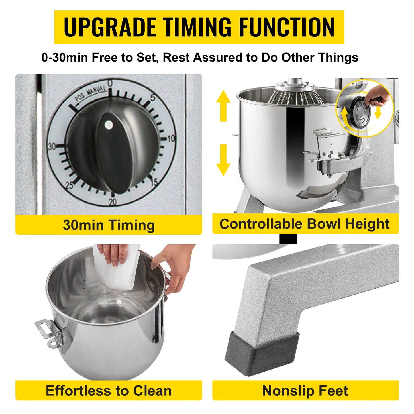 SucceBuy Commercial Electric Food Mixer Stand Mixer 10/15/20/30Qt Dough Mixer 3 Speeds 450/500/750/1100W Stainless Steel Mixer