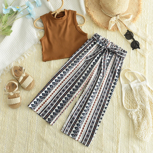 Baby Girls Clothing Sets Summer Solid Color Pit Stripes Vest and Geometric Printing Wide Leg Pants Kids Outfits