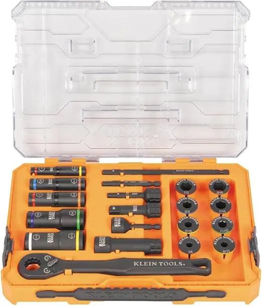 Klein Tools 65240 KNECT Impact Deep-Well Flip Socket and Low-Profile Pass Through Socket Set, SAE, 20-Piece, MODbox Case, 1/4-In