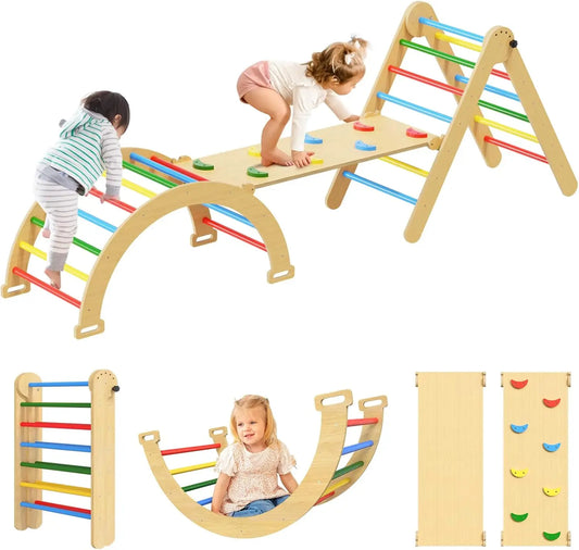 7 in 1 Pikler Triangle Set, Wooden Montessori Toddler Climbing Toys Indoor, Foldable Climbing Toys for Toddlers 1-3 Inside, 3 Pi