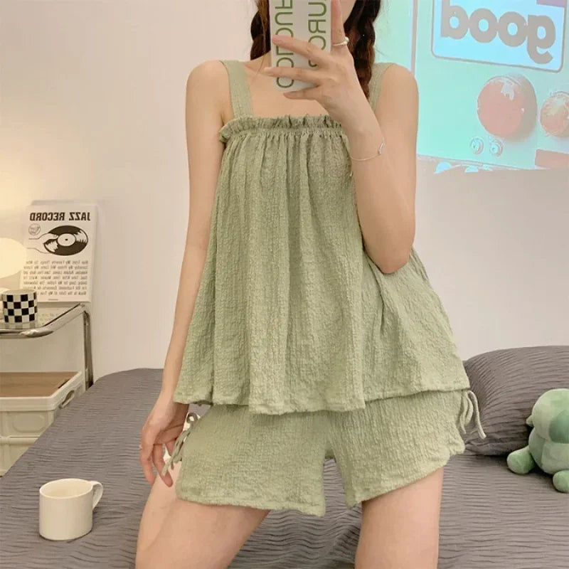 Women Summer Two Pieces Short Pajamas Suspenders Thin Sweet Cute Cotton Gilrs Homewear With Sleeveless Loose Soft Home Clothing