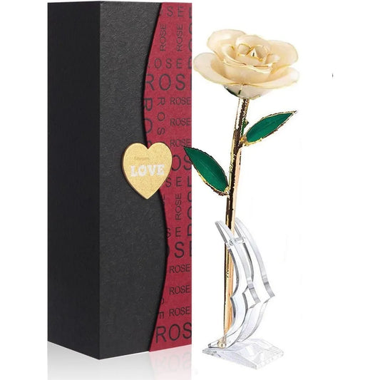 Gold Dipped Rose White,Dipped in 24k Gold-Long Stem Rose Flowers Artificial for Decoration,Rose Flowers with Transparent Stand