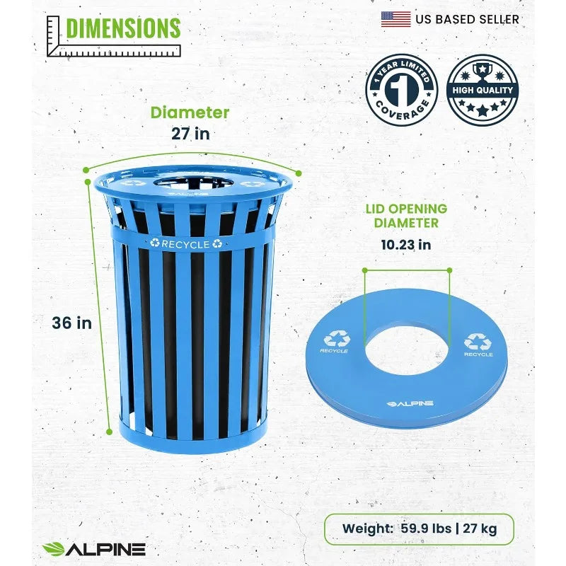 Commercial Outdoor Trash Can - 38 Gallon Heavy Duty Blue Recycle Garbage Can with Liner, Open Top Lid, All Weather Resist