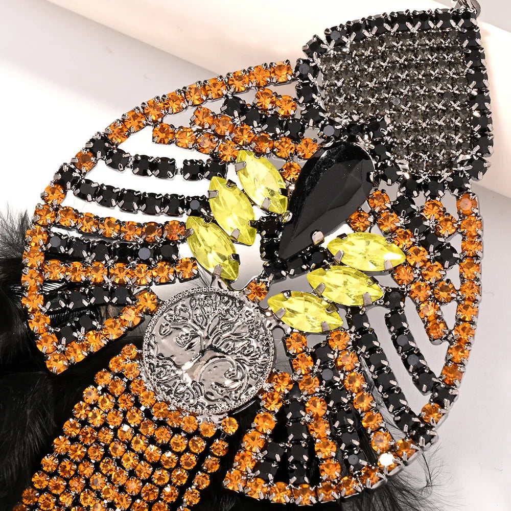 Stonefans Black Feather Dangle Earrings Oversize Statement Ear Accessories Fashion Hollow Rhinestone Hanging Earrings Drag Queen