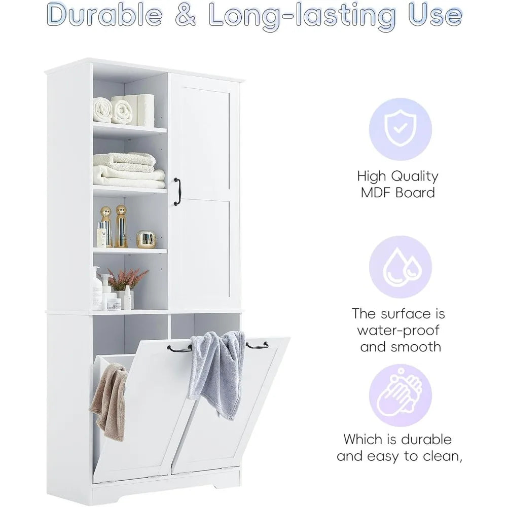 Tall Bathroom Storage Cabinet with Laundry Hamper Freestanding Storage Cabinet with Open Shelves and Adjustable Shelf White Modern Style