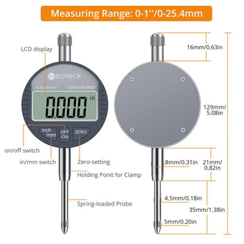 Neoteck Industrial 0-1" Dial Indicator Magnetic Base 0.0005" Accuracy Machinist Precision Testing Tools