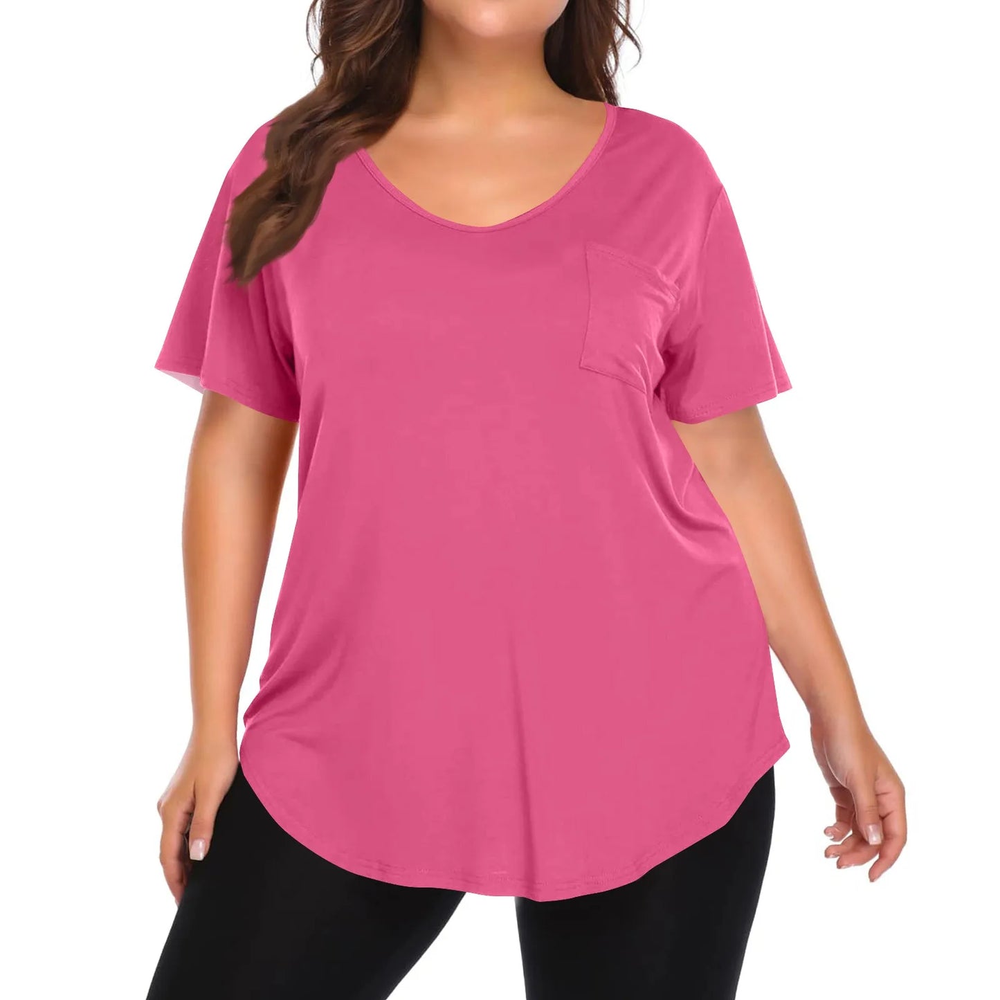 Plus Size Women's Tunic Tops Solid Color Large Size V-neck Loose T-Shirt With Pocket Summer Casual Basic Tee t shirts