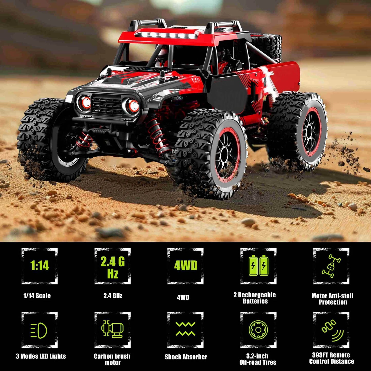 1:14 Red RC Off Road Car 4 Wheel Drive Remote Control Vehicle for Children Dual Battery Version