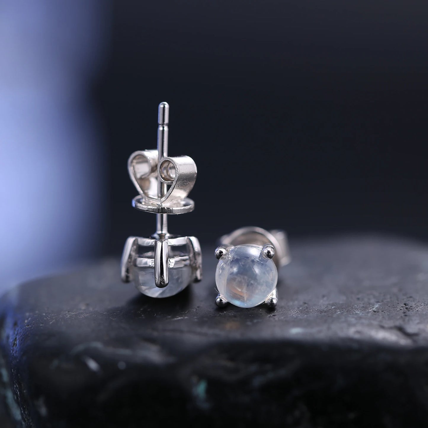 GEM'S BALLET June Birthstone 5mm Natural Milky Blue Moonstone Studs Earrings in 925 Sterling Silver Gemstone Handmade Jewelry