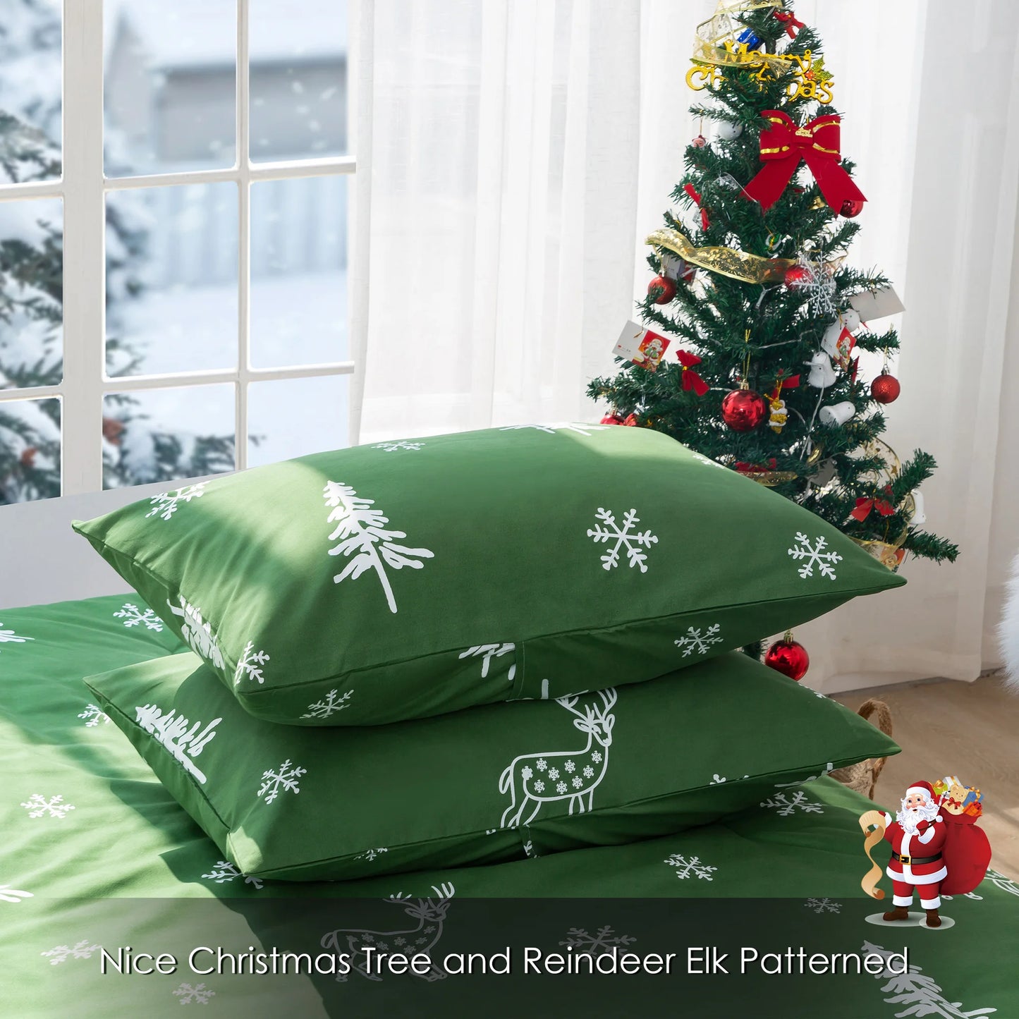 Soft Polycotton Queen Size Bed Comforter Christmas Reindeer Elks Bedding Down Alternative Comforter Set with Pillow Sham
