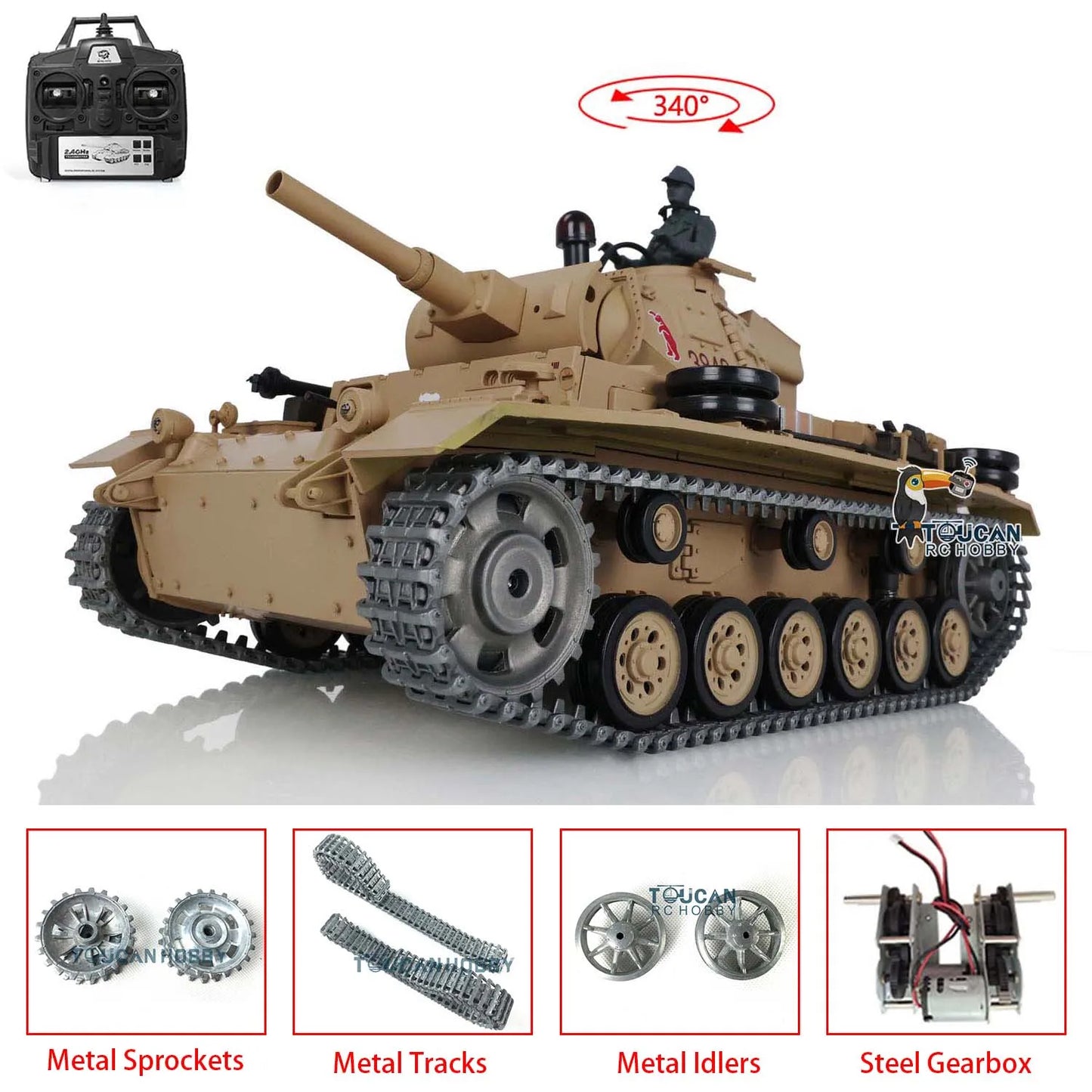 Henglong 7.0 1/16 RTR RC Tank German Panzer III H 3849 Upgraded Metal Tracks Remote Control Model for Military Fans