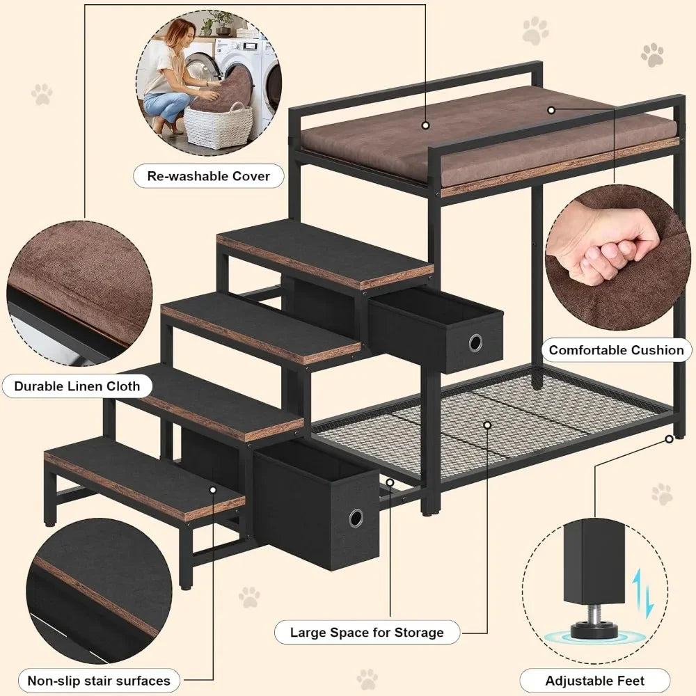 Pet Bunk Bed with Stairs & Storage, Multi-Level Elevated Dog & Cat Bed with Window Perch & Bedside Lounge