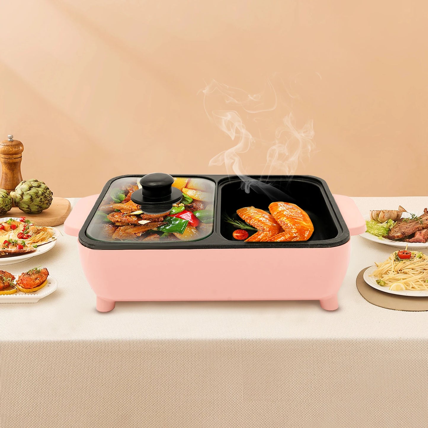 2-in-1 Electric Hot Pot for Kitchen, Non-stick Baking Pan, Smokeless BBQ Grill Pan for 1-4 People 110V, Pink