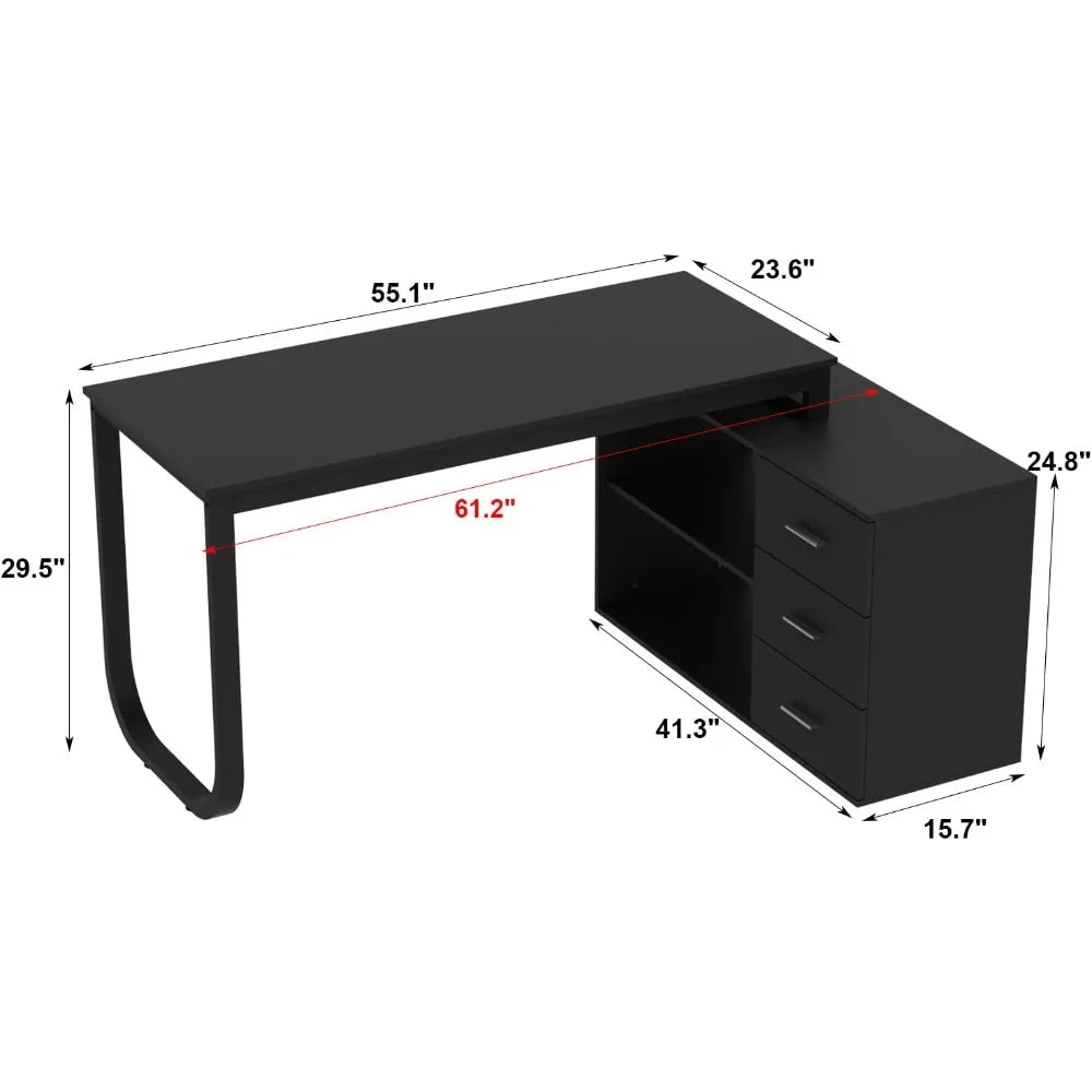 Home Office Computer Desk Corner Desk with 3 Drawers and 2 Shelves, 55 Inch Large L-Shaped Study Writing Table with Storage