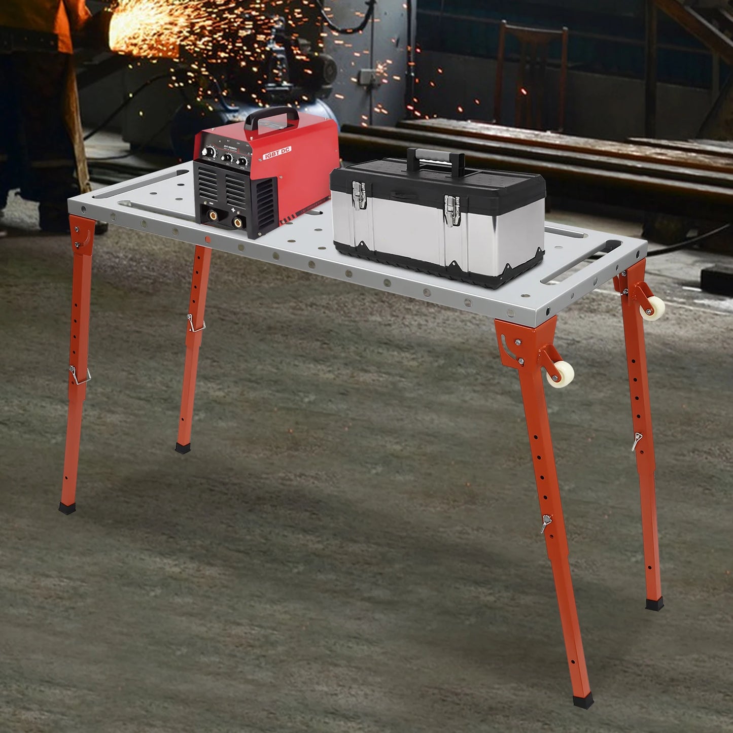Welding Table with Adjustable Height, 2mm Thick Steel Top, 1000 lbs Capacity, Foldable Design with Casters, Easy to Clean and St