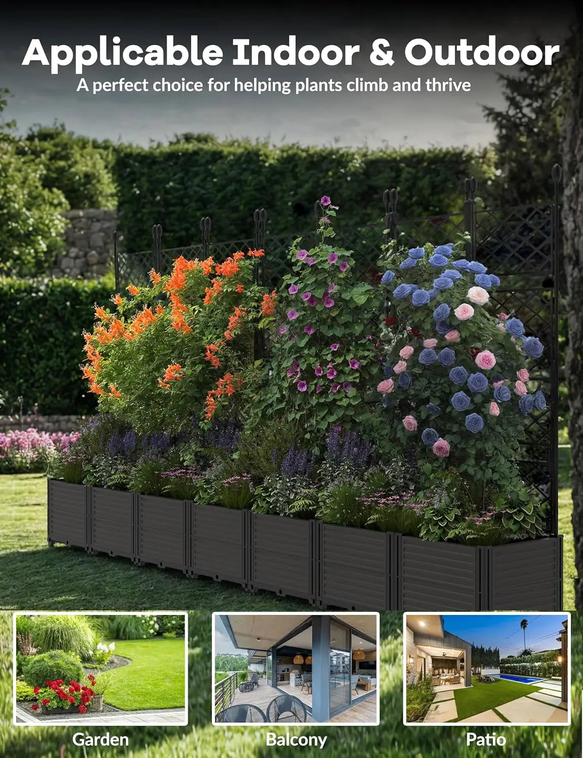 Plastic Planter Box w/ Trellis Rack 5.25FT Tall Raised Garden Bed Drainage for Outdoor Balcony Patio Flower Vegetable Planting