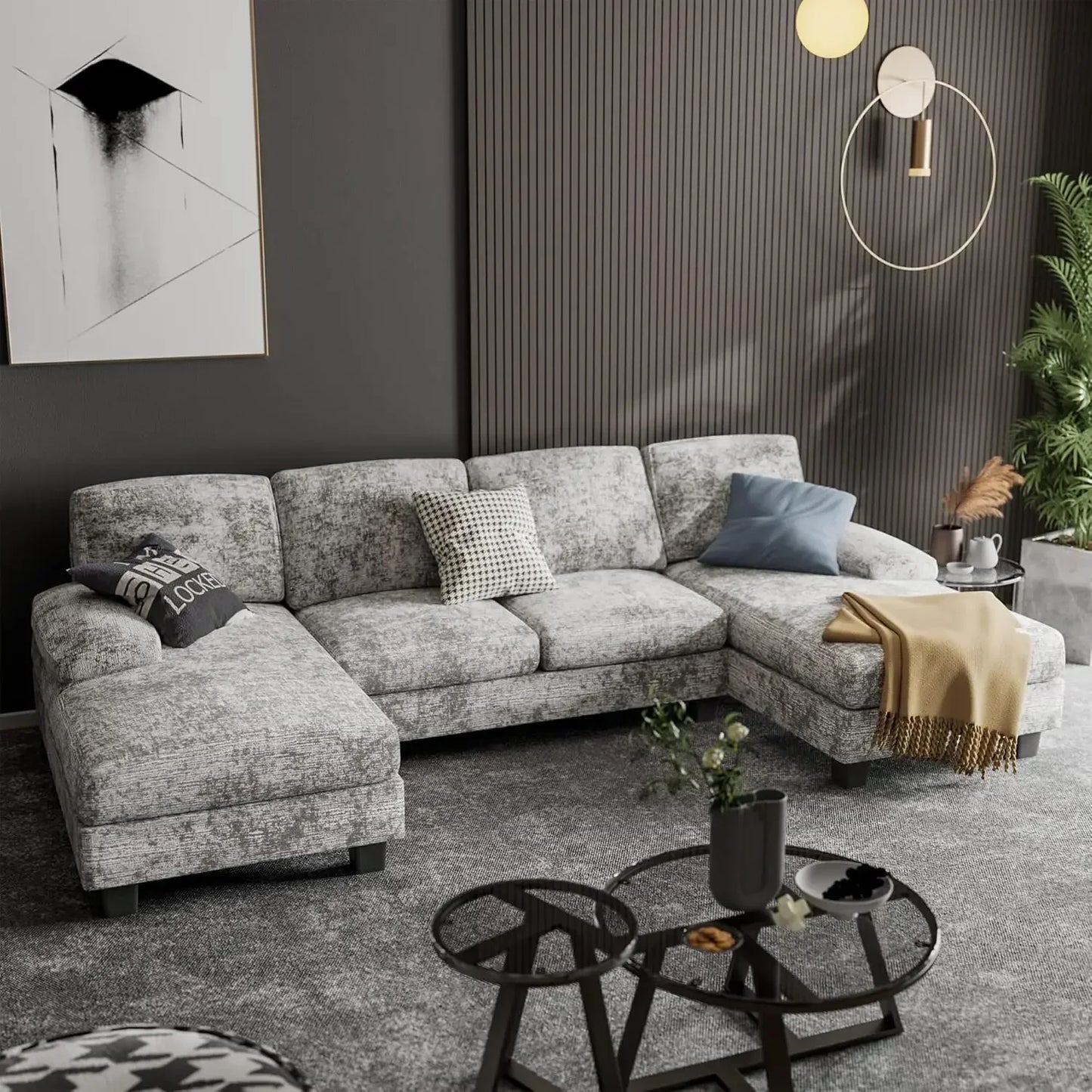 Convertible Sectional Sofa Couch,U-Shaped Modern Fabric Modular Sofa Sleeper with Double Chaise & Memory Foam (Fabric, Grey)