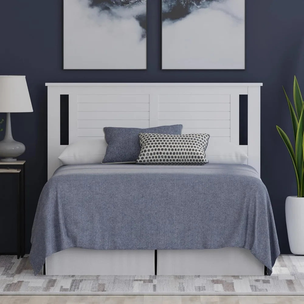 Modern Farmhouse Style White Full Headboard with Horizontal Grooves and Serene Poplar Wood Finish