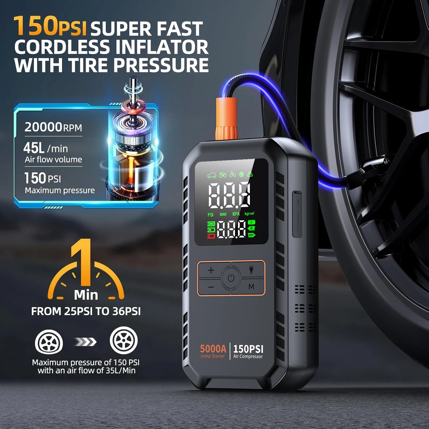 4-IN-1 Car Jump Starter with Air Compressor Peak 5000A Auto Battery Booster 150PSI Air Pump Portable Power Bank Tire Inflator