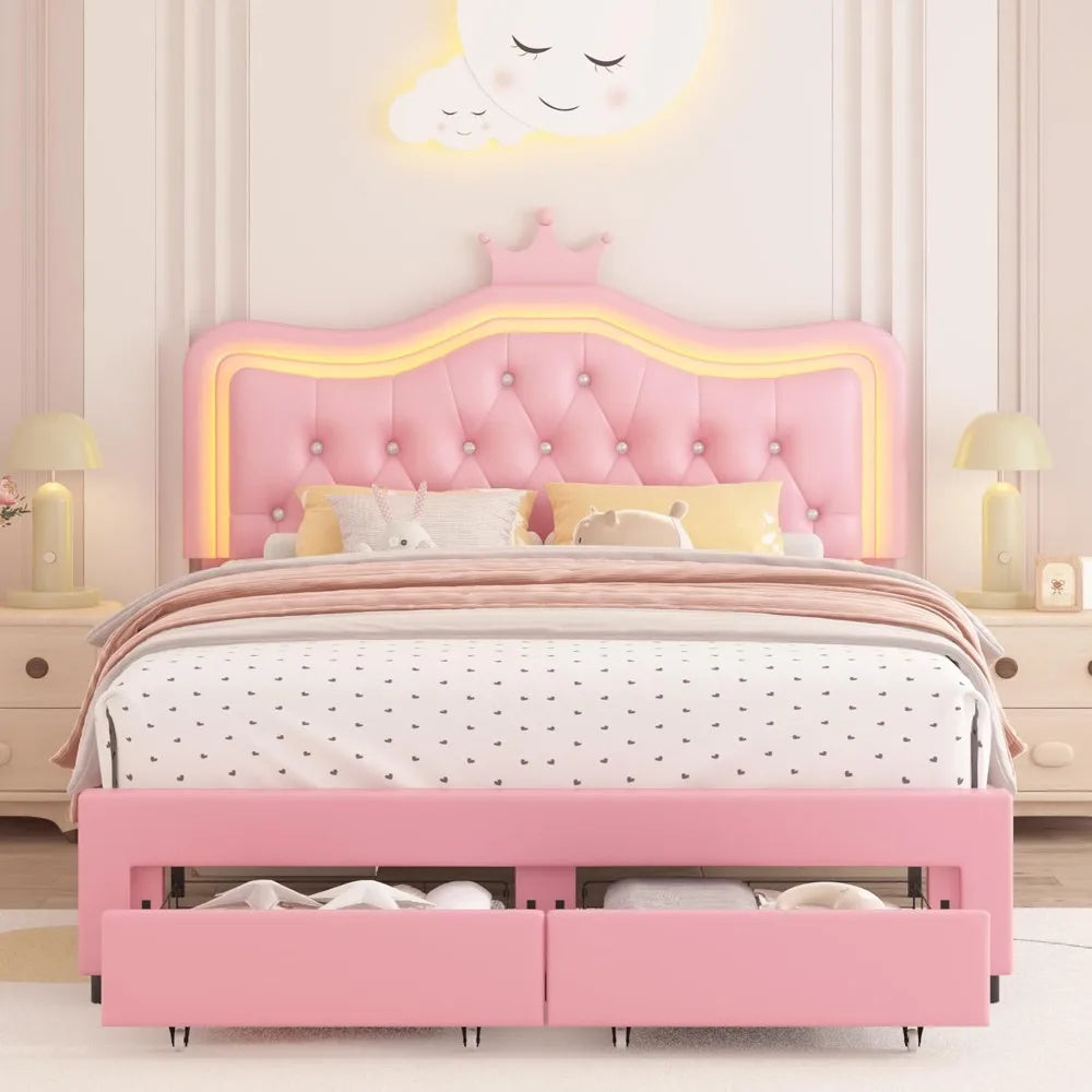 Keyluv Full Upholstered LED Bed Frame with Storage Drawer, Leather Princess Platform Bed with Adjustable Crystal Button Tufted C