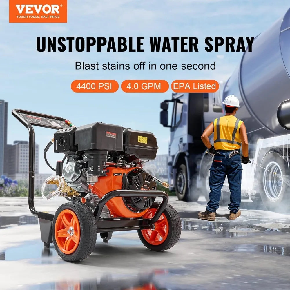 VEVOR 4400 PSI Gas Pressure Washer, 4.0 GPM, Copper Pump, Spray Gun, Extension Wand, 5 Quick-Connect Tips