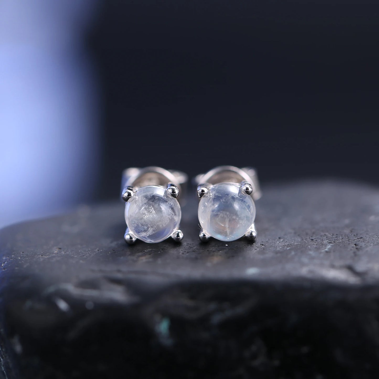 GEM'S BALLET June Birthstone 5mm Natural Milky Blue Moonstone Studs Earrings in 925 Sterling Silver Gemstone Handmade Jewelry