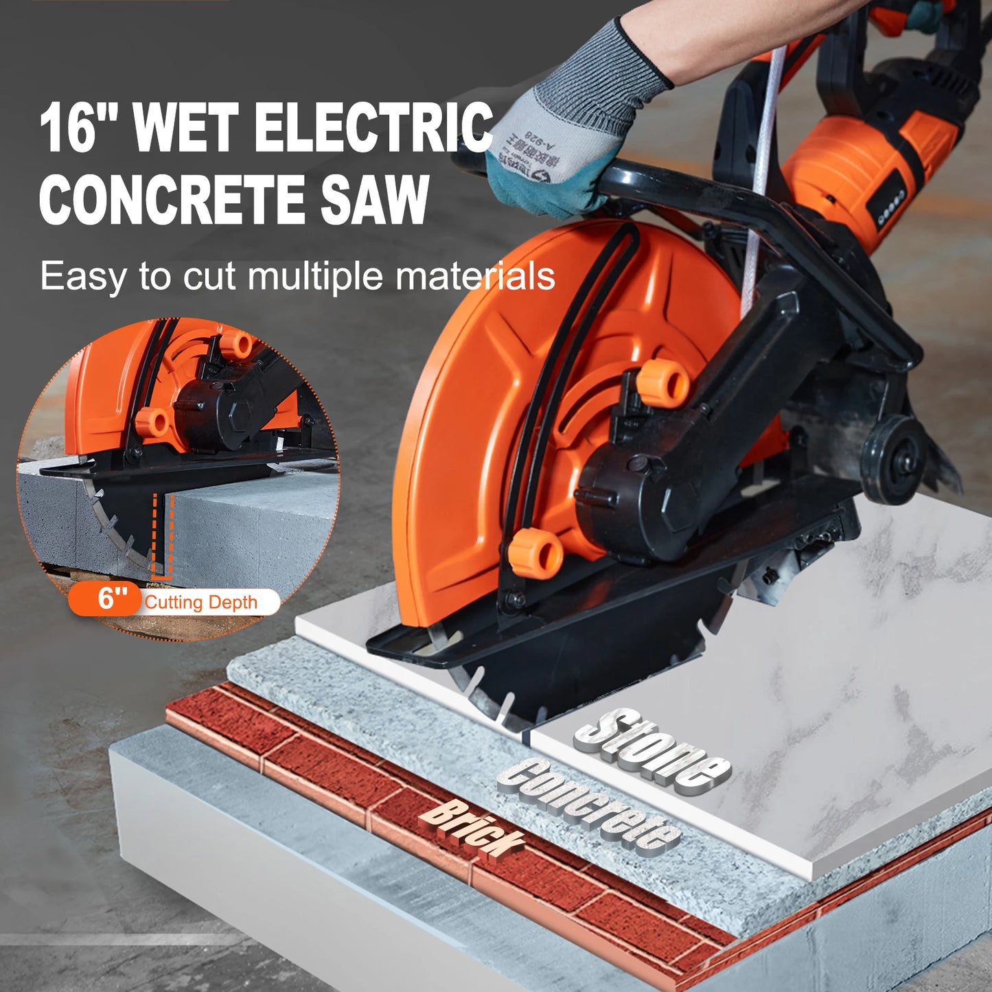 SucceBuy Electric Concrete Saw 16 in 3200 W 15 A Motor Circular Saw Cutter with Max. 6 in Adjustable Cutting Depth Wet Disk Saw