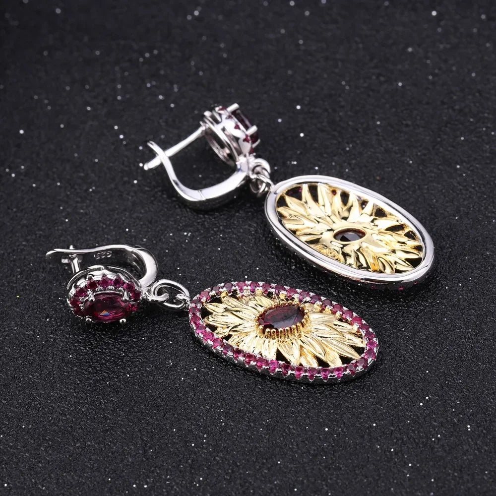 GEM'S BALLET 925 Sterling Silver Original Handmade Earrings 2.40Ct Natural Rhodolite Garnet Sunflower Drop Earrings for Women