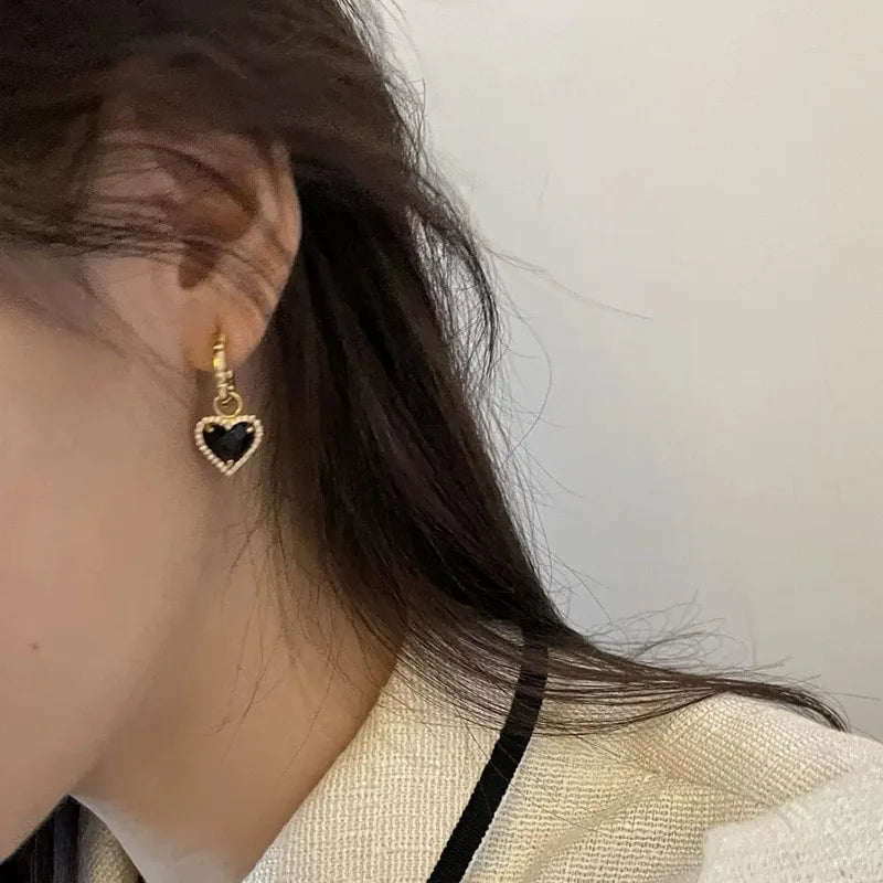 LIVVY  Fashion Black LOVE Heart Zircon Drop Earrings for Women Couple Creative Elegant Holiday Party Jewelry Accessories