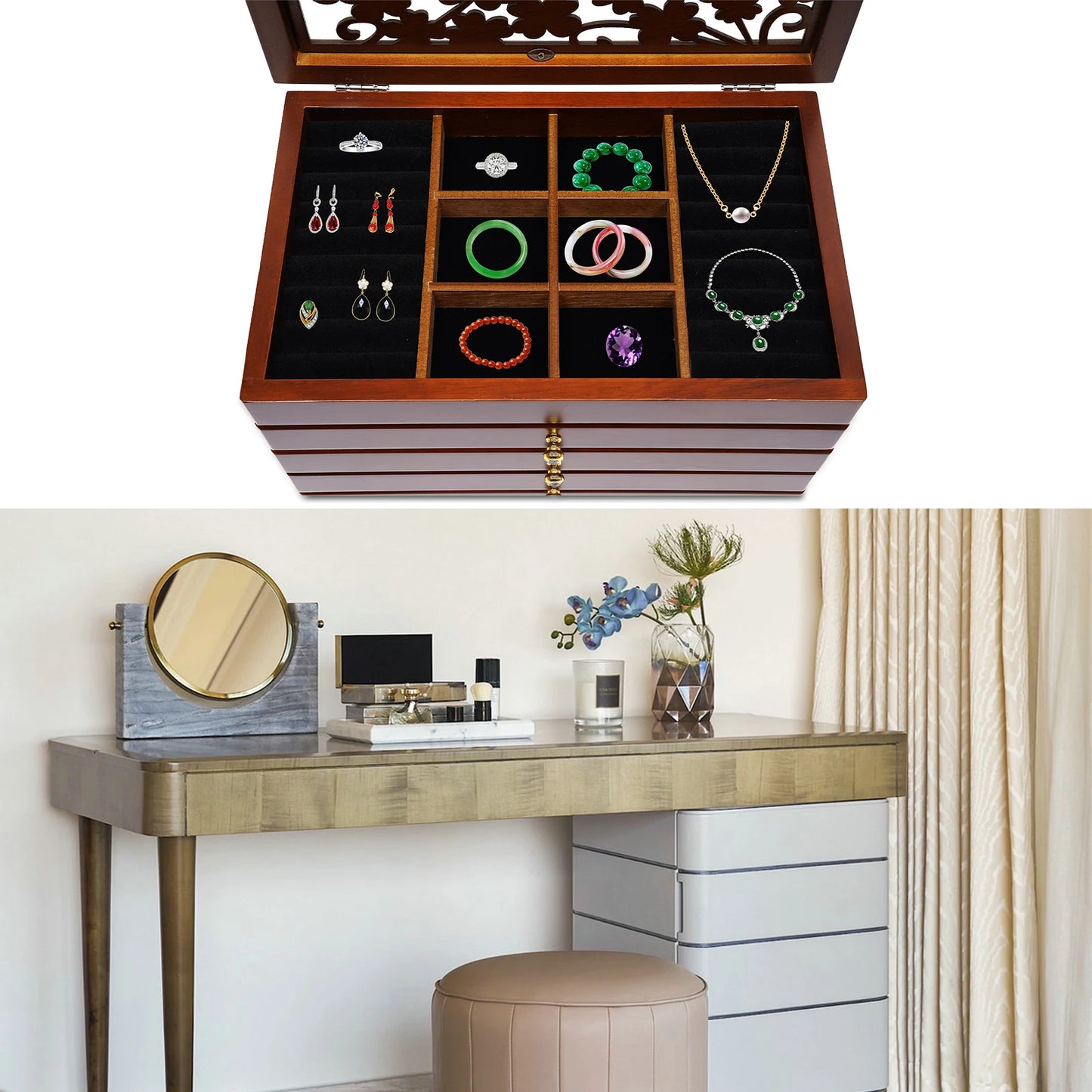 6-layer Walnut Jewellery Box Organizer with Exquisitely Carved Flowers Design,Rings Earrings Storage for Christmas New Year Gift