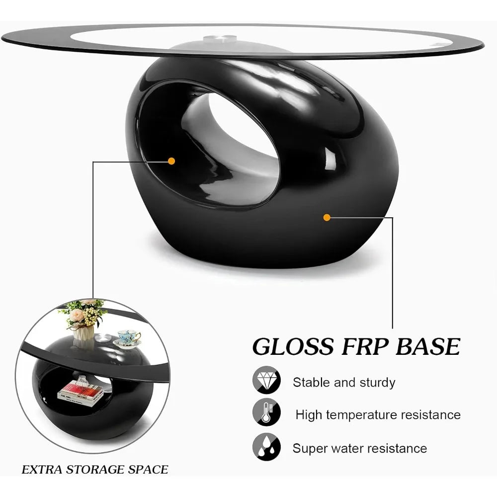 Oval Glass Coffee Table with High Gloss Hollow Base & Tempered Glass Top, Side Table for Living Room, Sitting Room, Black Uniqu