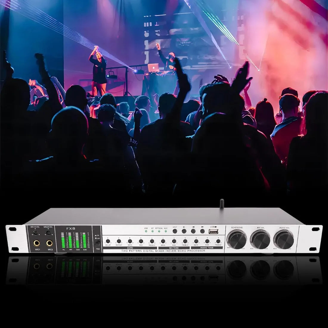 Professional 4-Mic Karaoke Mixer, Non-slip, Ati-howling, Bluetooth & USB & Optical Audio with Anti-Feedback & EQ Controls