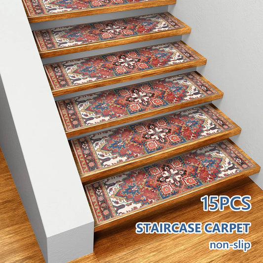 15Pcs Soft Stair Stepping Mat 21x76cm Self-Adhesive Non-slip Bohemian Indoor Stair Carpet Mat Protector Rug for Pet Kids Elder