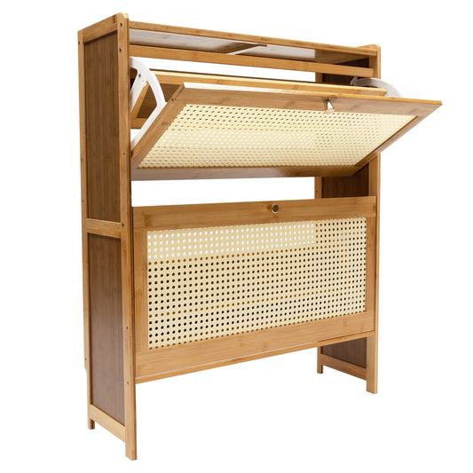 4-tier Rattan Shoe Cabinet Free-standing Shoes Storage Household Space Saving Cabinet for Entryway Hallway W/ 2 Fold-out Doors