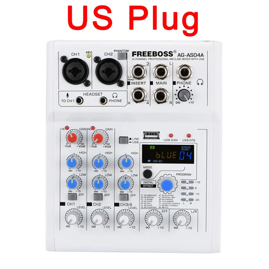 Freeboss Mixing Console Mobile Broadcast 4 Channel Bluetooth PC USB 88 DSP Digital Effect White Sound Audio Mixer AG-AS04A